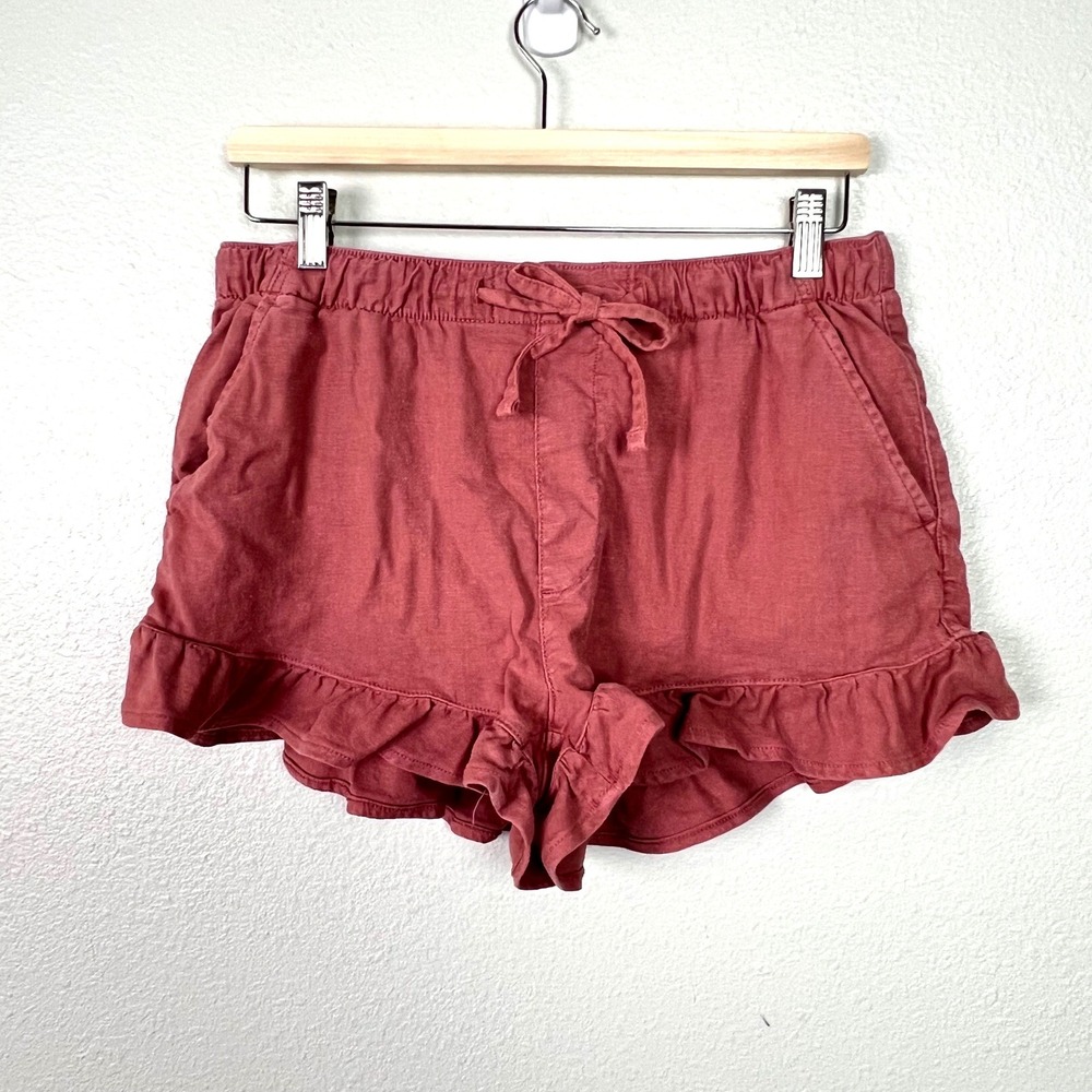 American Eagle Pink Linen Blend Ruffle Hem Drawstring Shorts Womens Small‎ Rose